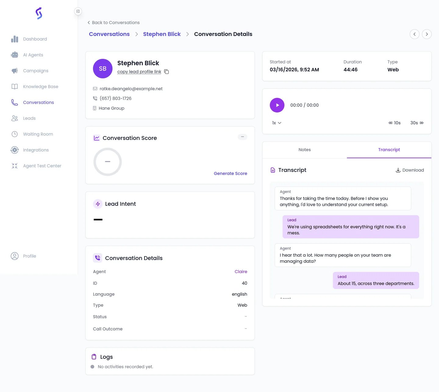 A conversation transcript in the SalesCloser dashboard