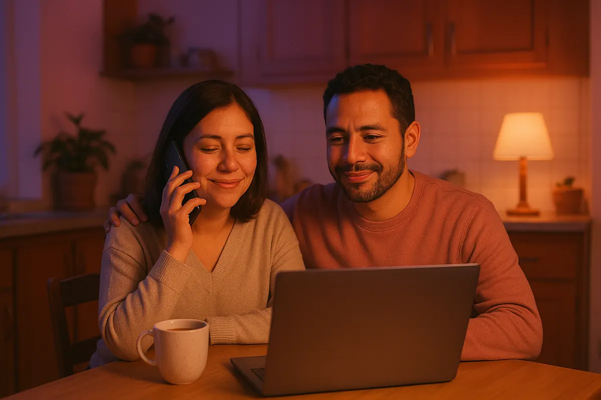 A couple at their kitchen table in the evening, on a call