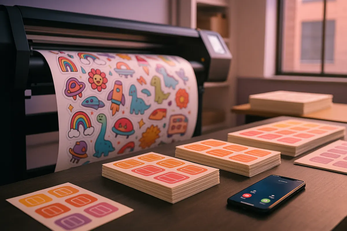 Freshly printed custom stickers at a print shop