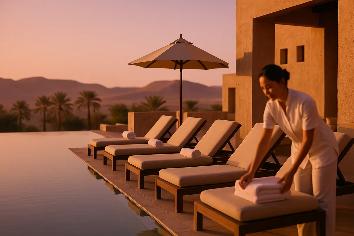 A wellness resort terrace at golden hour