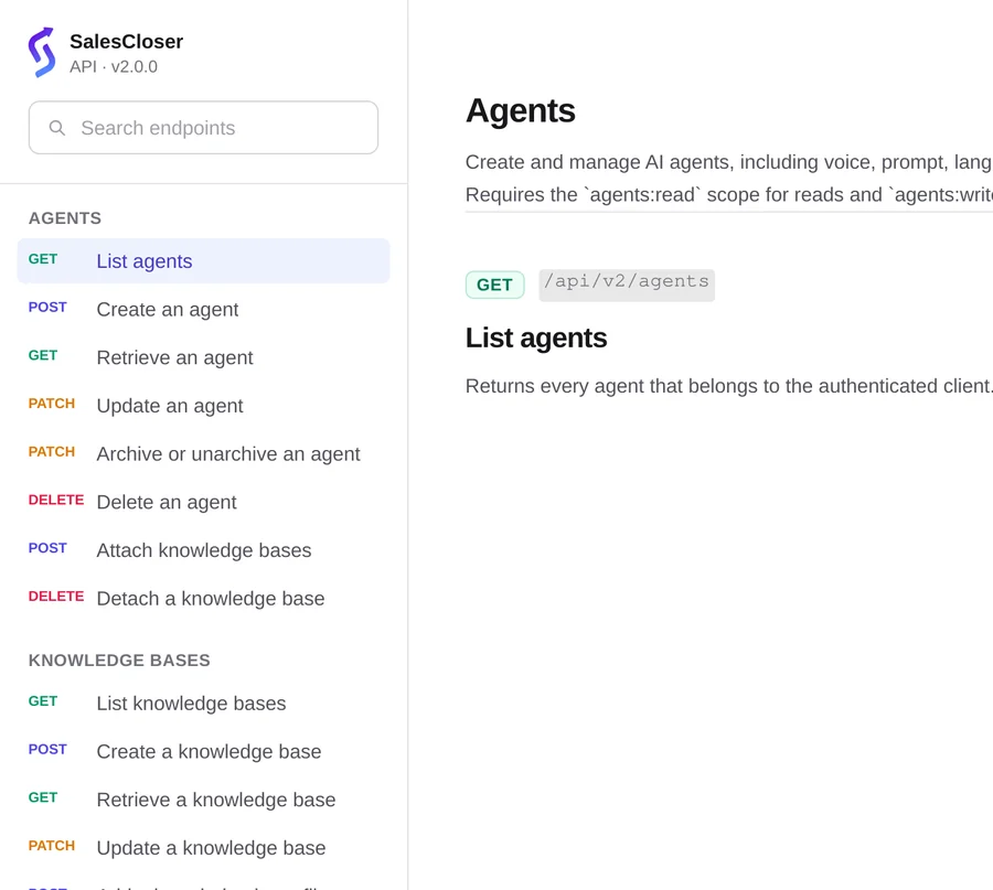 The SalesCloser API reference with endpoints for agents, knowledge bases and leads, and List agents (GET /api/v2/agents)