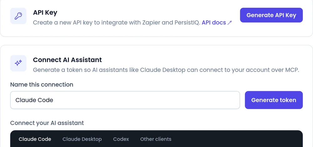 Integrations > API Tokens in SalesCloser: API Key and Connect AI Assistant, with snippets for Claude Code, Claude Desktop, Codex and other clients