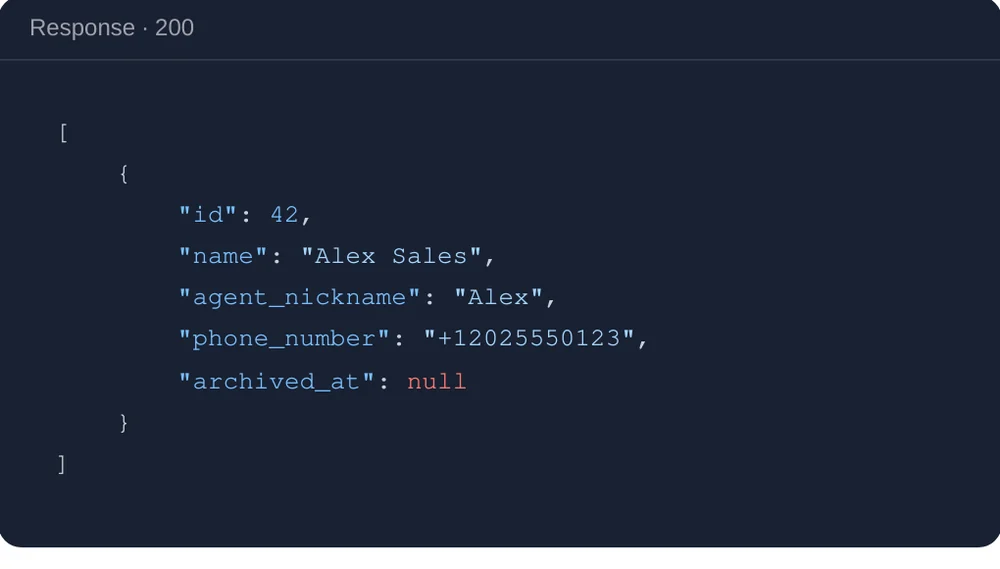 A sample JSON response for List agents in the SalesCloser API reference