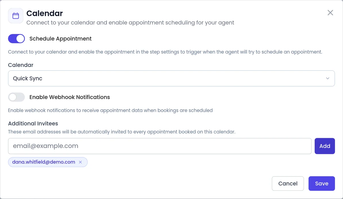 The Calendar dialog on a SalesCloser agent: Schedule Appointment on, the Quick Sync calendar picked and a teammate under Additional Invitees