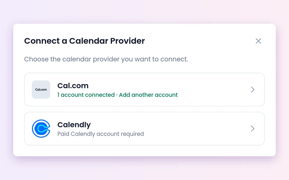 Connect a Calendar Provider dialog with Cal.com and Calendly