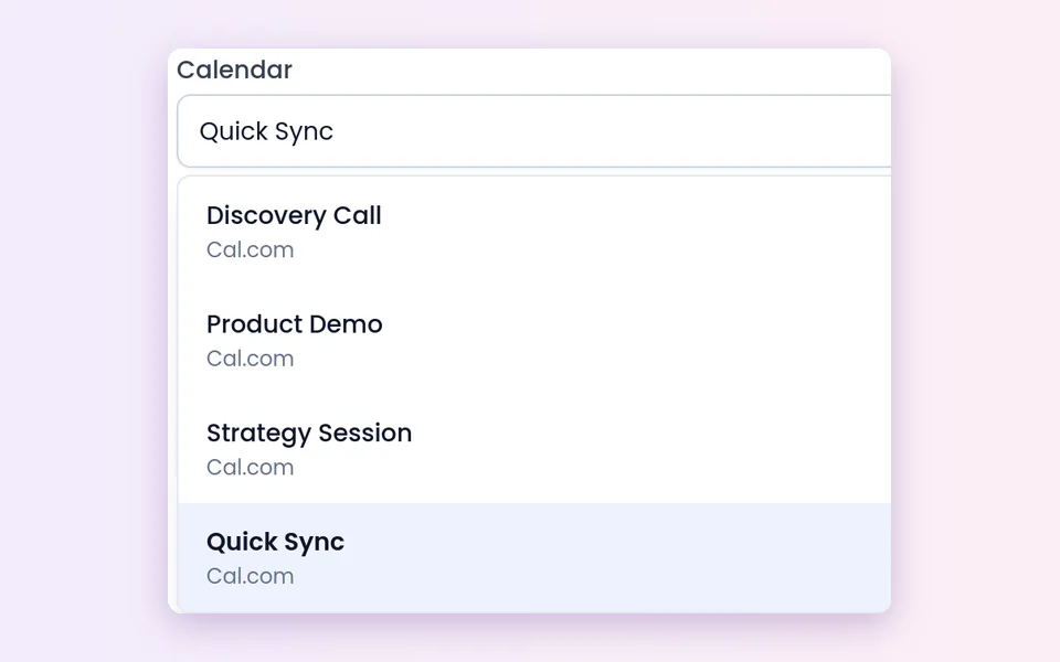 Calendar picker listing event types such as Discovery Call, Product Demo and Quick Sync