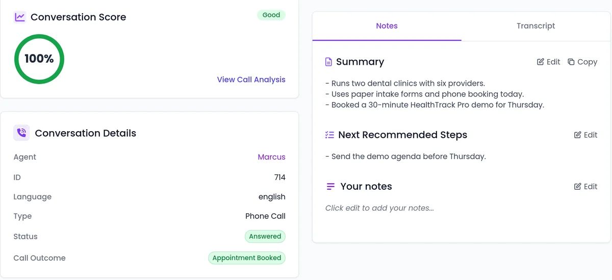 A SalesCloser conversation with a 100% Conversation Score, Status Answered, Call Outcome Appointment Booked, a summary and next steps (demo data)