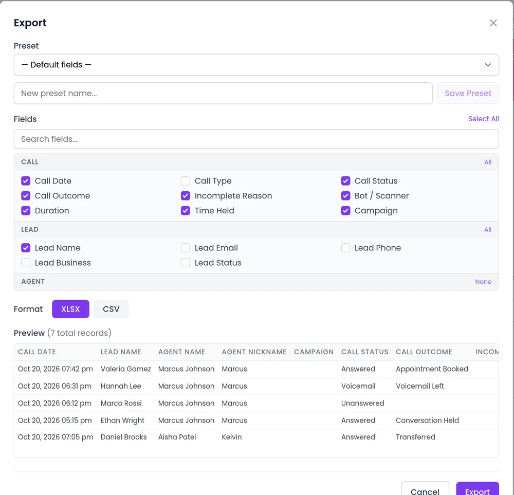 The Export dialog in SalesCloser with presets, call and lead fields, XLSX or CSV and a preview (demo data)