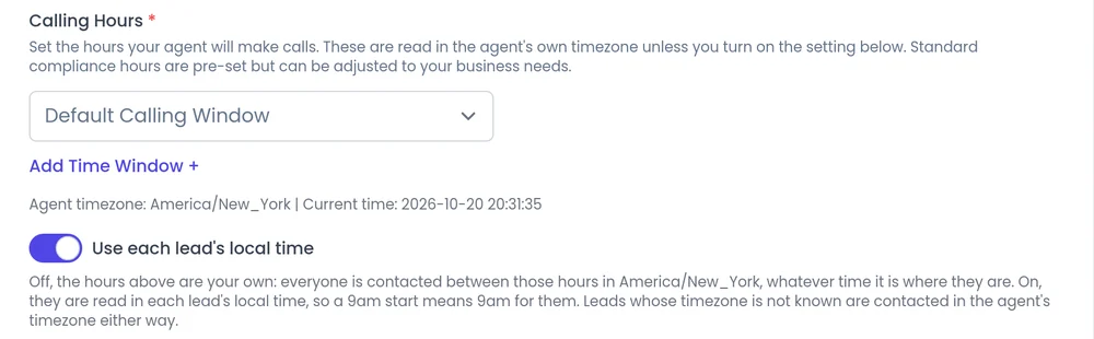 Calling Hours in a campaign's Call Setup step, with Add Time Window + and Use each lead's local time
