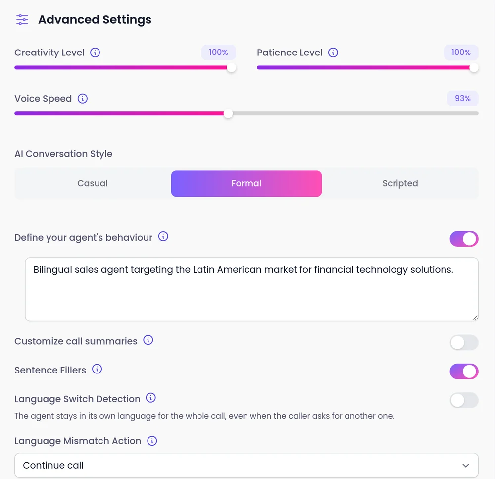 Advanced Settings on a SalesCloser agent: creativity, patience and voice speed, AI Conversation Style set to Formal, sentence fillers, Language Switch Detection and Language Mismatch Action