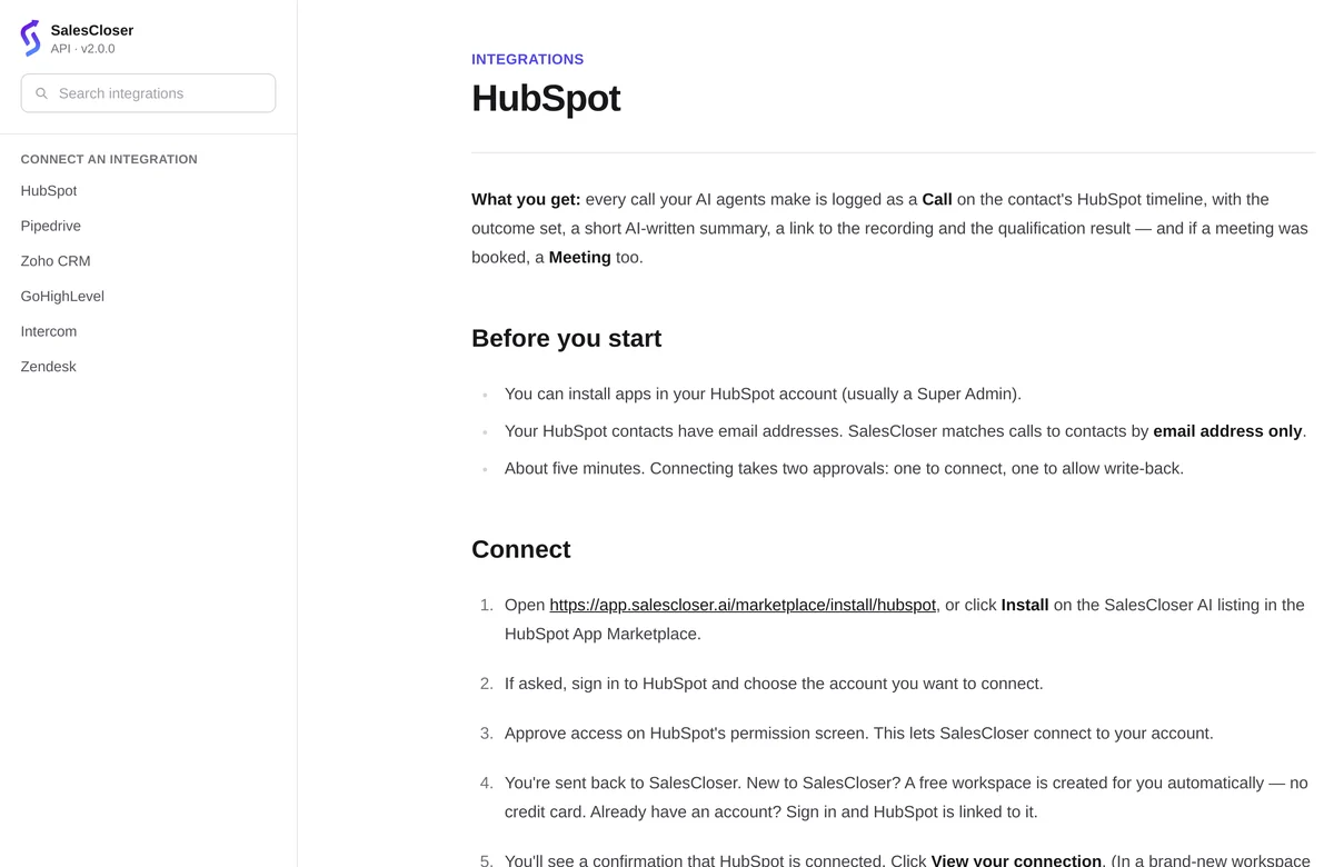 The SalesCloser integration guide for HubSpot, with HubSpot, Pipedrive, Zoho CRM, GoHighLevel, Intercom and Zendesk listed
