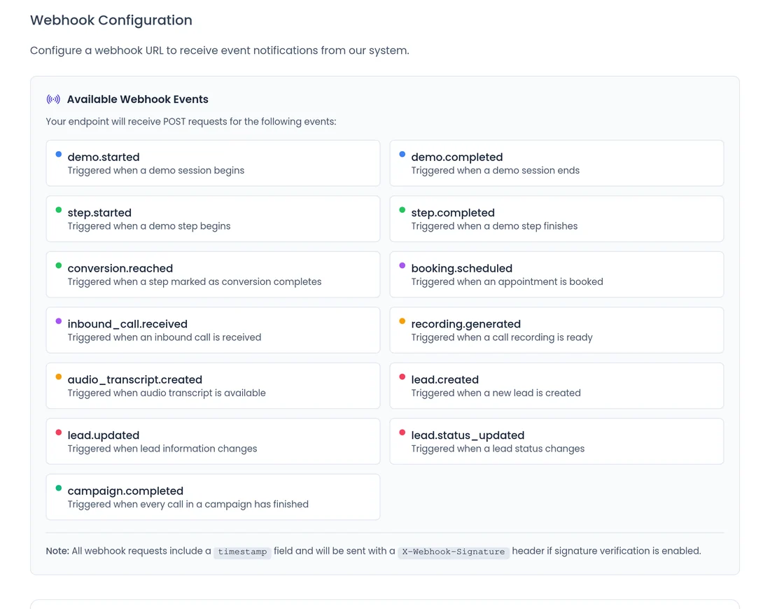Webhook Events in SalesCloser listing events such as conversion.reached, booking.scheduled, lead.created and campaign.completed