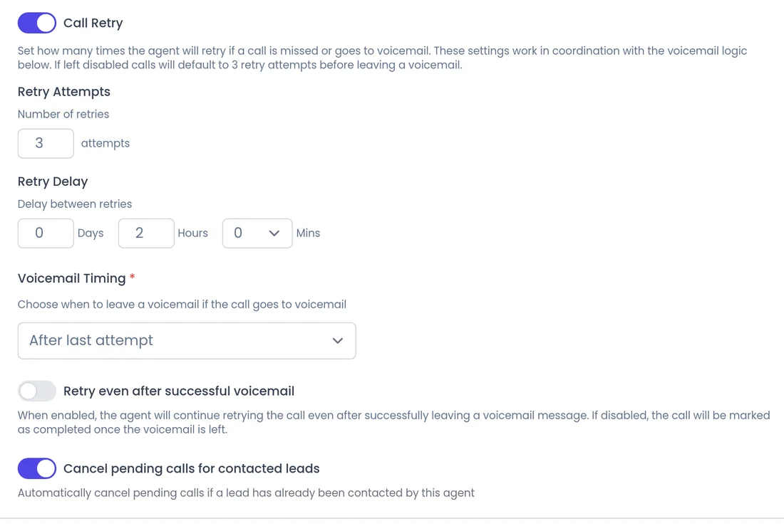 Campaign Call Setup in SalesCloser: Call Retry on with 3 retry attempts and a 2-hour delay, Voicemail Timing set to After last attempt and Cancel pending calls for contacted leads on