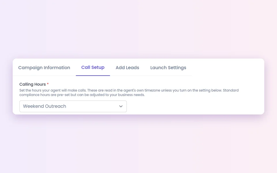 Campaign tabs with Call Setup open and the Calling Hours picker