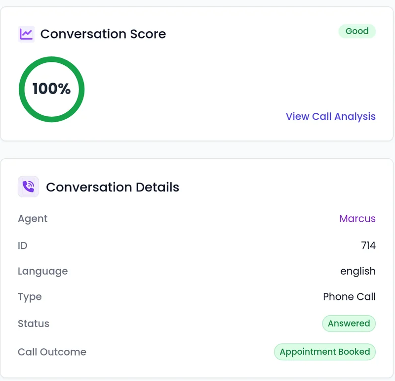 A 100% Conversation Score with Status Answered and Call Outcome Appointment Booked in SalesCloser (demo data)