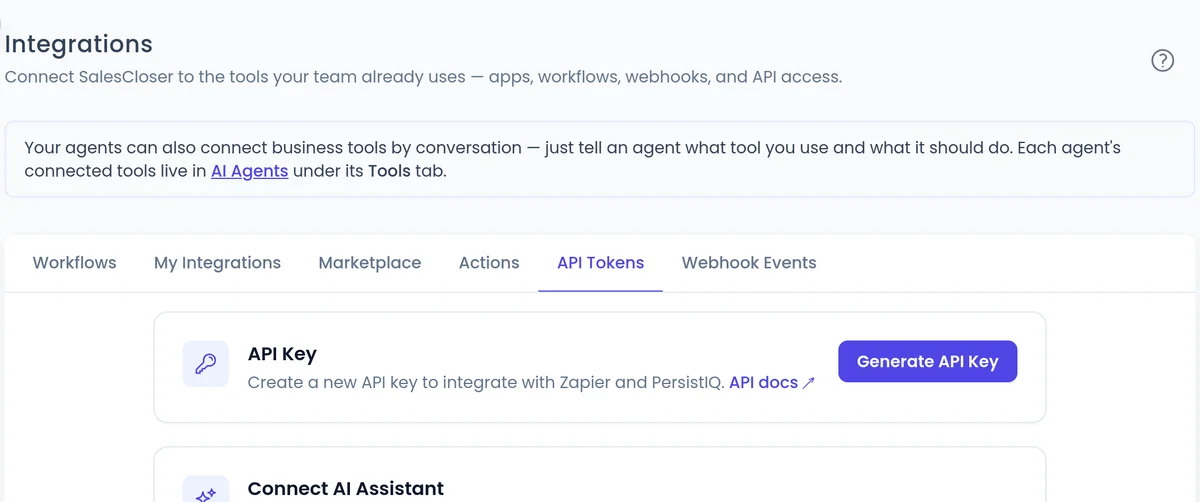 The Integrations page in SalesCloser with Workflows, My Integrations, Marketplace, Actions, API Tokens and Webhook Events tabs