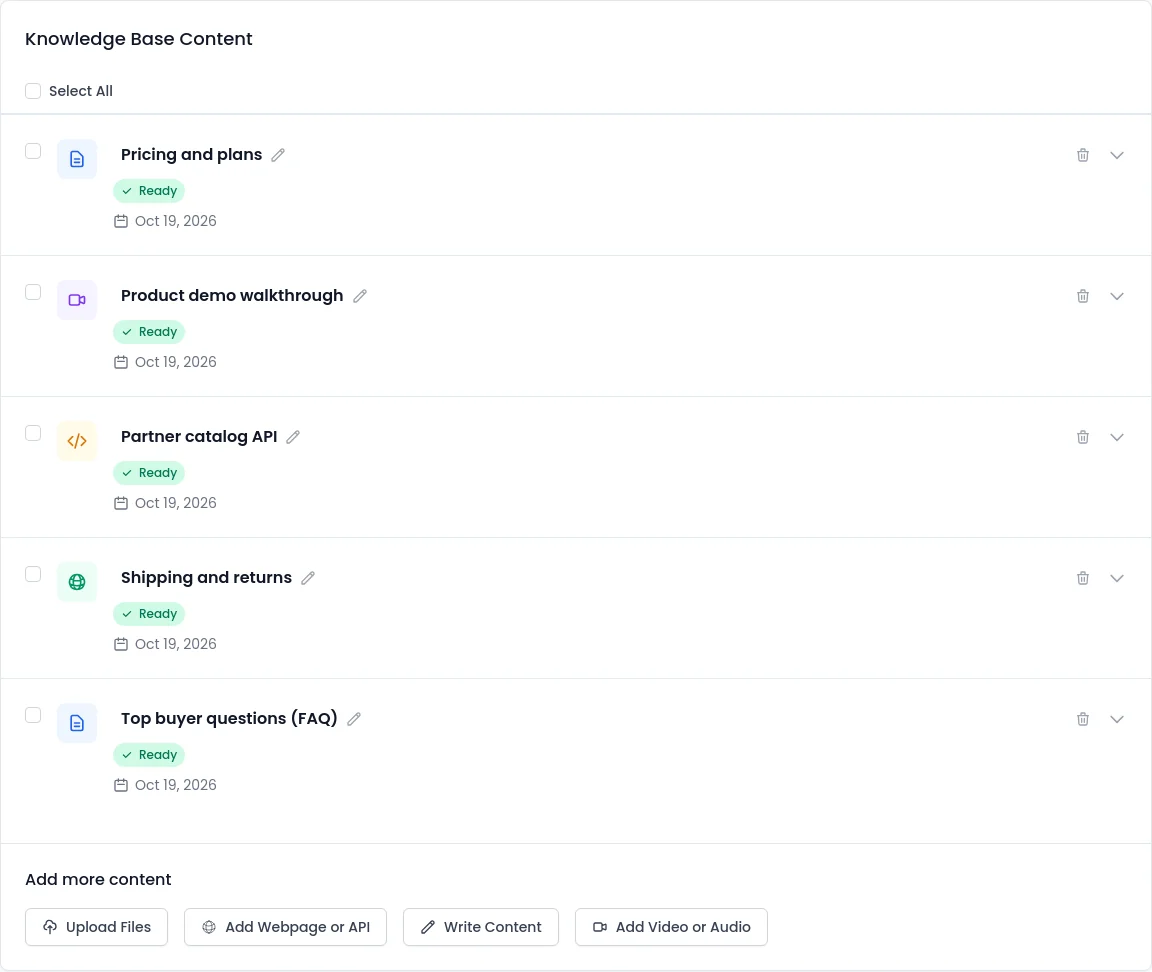 Knowledge Base Content in SalesCloser: a pricing file, a product demo video, a partner catalog API, a shipping page and an FAQ, all marked Ready (demo data)