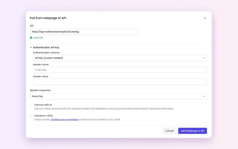 Pull from webpage or API with an API Key (custom header) authentication scheme, Header name, Header value and Update Frequency