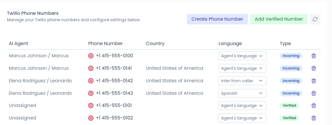 Twilio Phone Numbers in SalesCloser with a Language column per number: Agent's language, Infer from caller and Spanish (demo numbers)