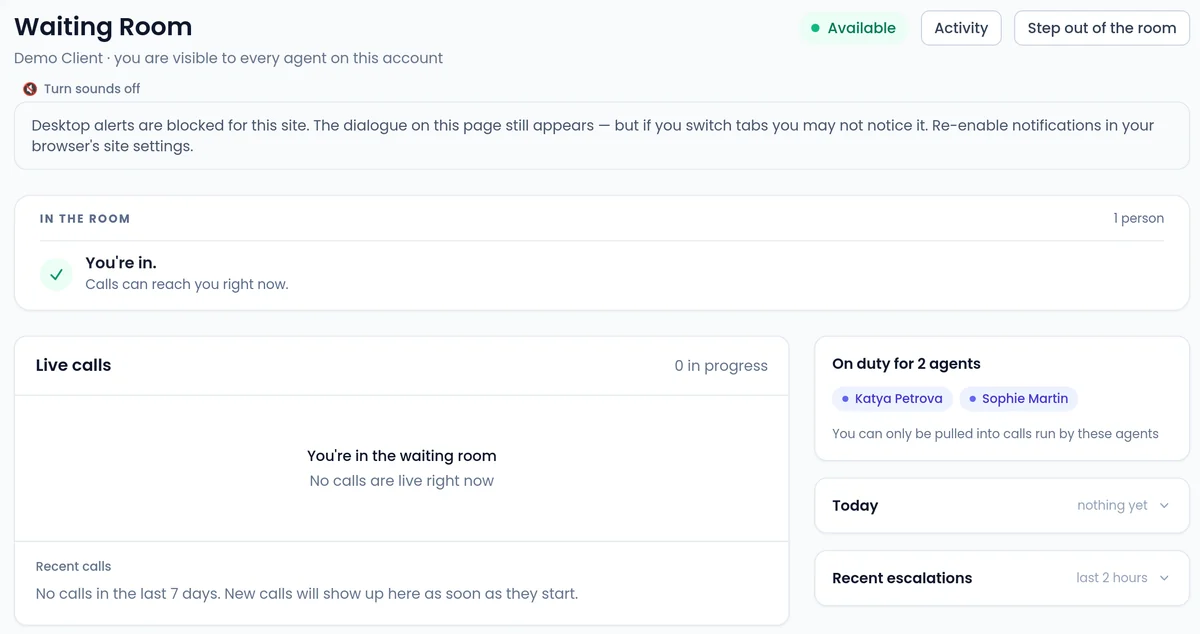The SalesCloser Waiting Room: a rep marked Available, In the room, live calls and the agents they cover (demo data)