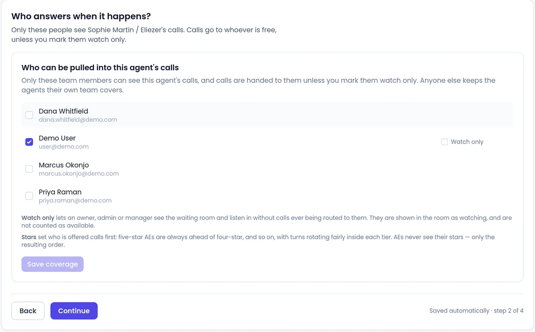 Who answers when it happens? in SalesCloser: team members who can be pulled into an agent's calls, with Watch only (demo data)