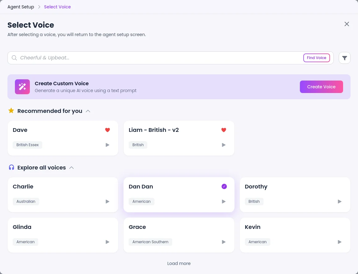 Select Voice in SalesCloser: Create Custom Voice from a text prompt, recommended voices and a gallery of voices with accents and a play button