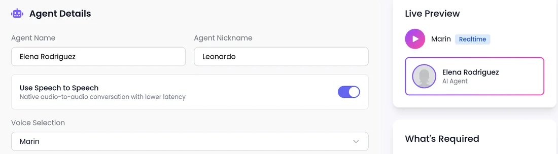 Use Speech to Speech switched on in the agent details, with the Marin voice and a Realtime tag in the live preview