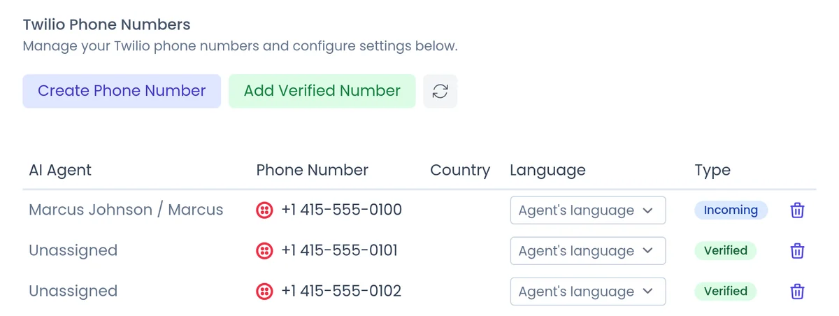 Twilio Phone Numbers in SalesCloser: an agent assigned to a number, with a Language column set to Agent's language (demo data)