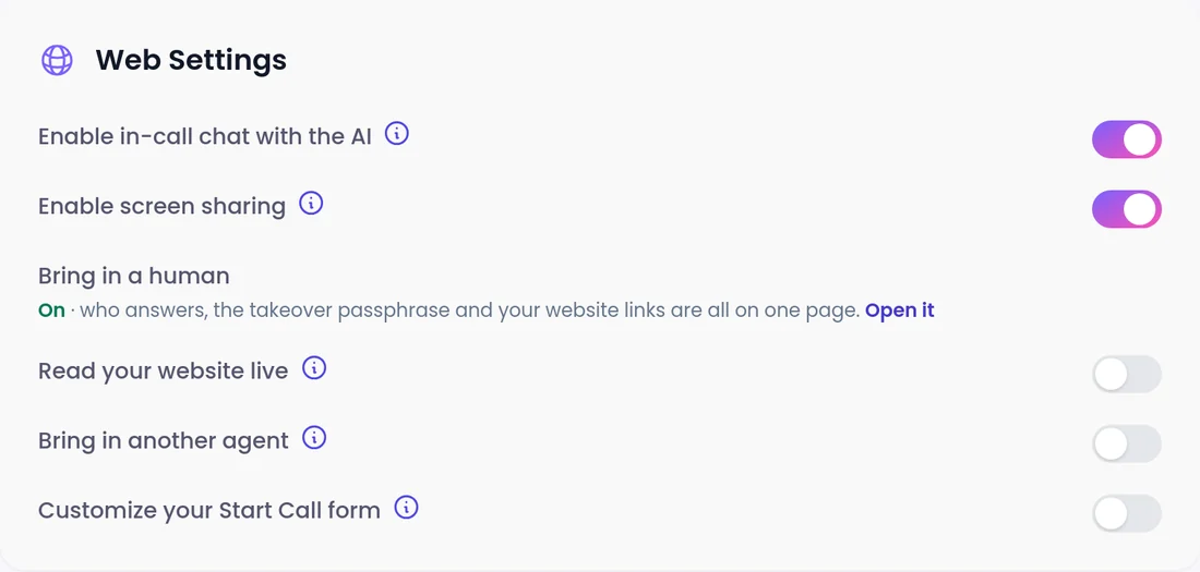 Web Settings for a SalesCloser agent with Enable screen sharing and Enable in-call chat with the AI turned on