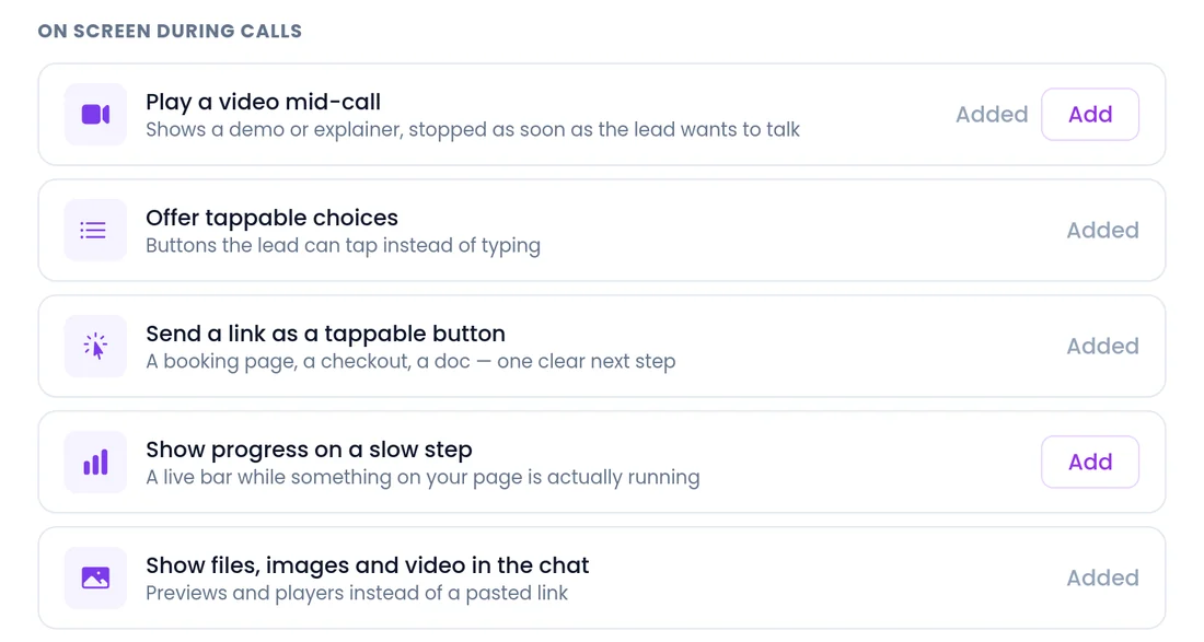 Add apps and abilities in SalesCloser, On screen during calls: Play a video mid-call, which shows a demo or explainer and stops as soon as the lead wants to talk
