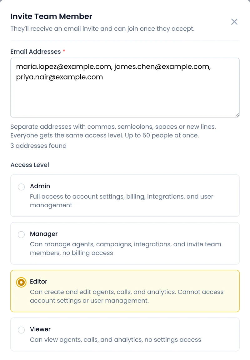 Invite Team Member in SalesCloser with three email addresses pasted and the Admin, Manager, Editor and Viewer access levels