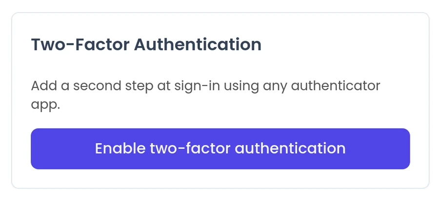 The Two-Factor Authentication panel in SalesCloser settings with an Enable two-factor authentication button