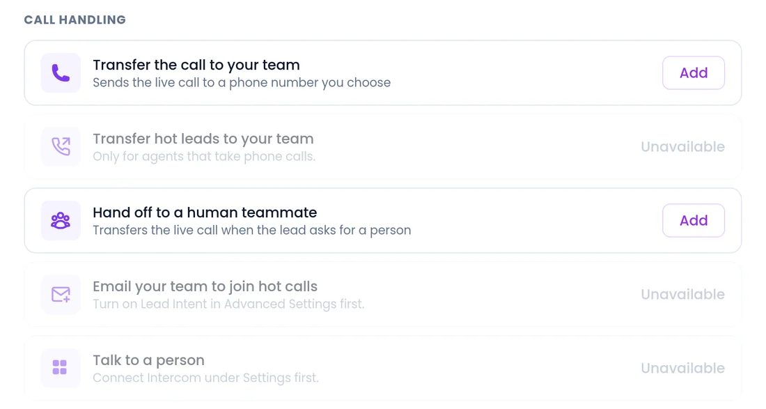 Add apps and abilities in SalesCloser, Call handling: Transfer the call to your team, Transfer hot leads to your team, Hand off to a human teammate, Email your team to join hot calls and Talk to a person
