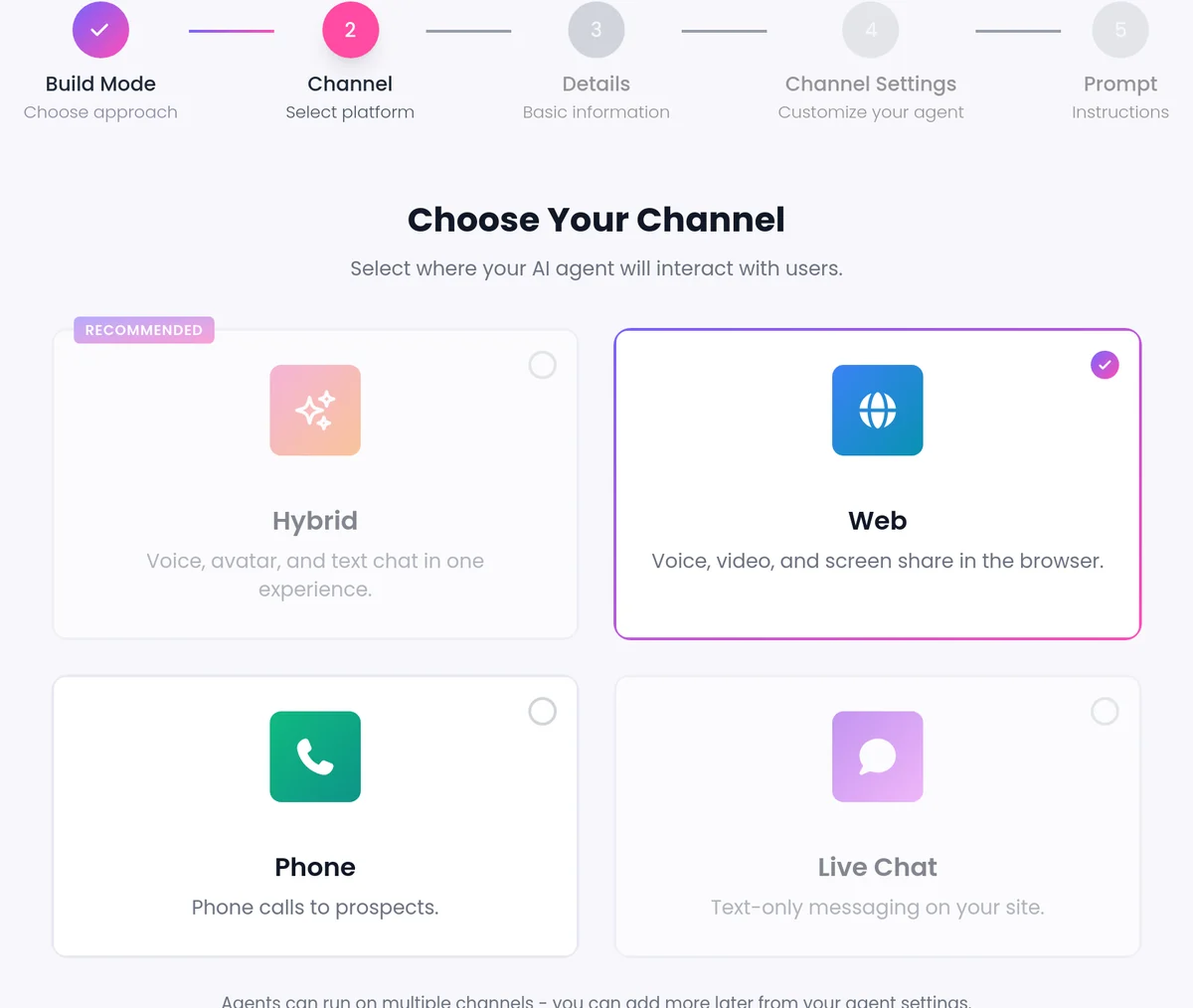 Choose Your Channel when you create an agent in SalesCloser, with Web selected: voice, video and screen share in the browser