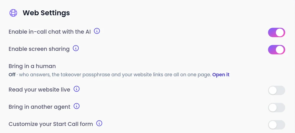 Web Settings on a SalesCloser agent: in-call chat, screen sharing, Bring in a human, Read your website live and Bring in another agent