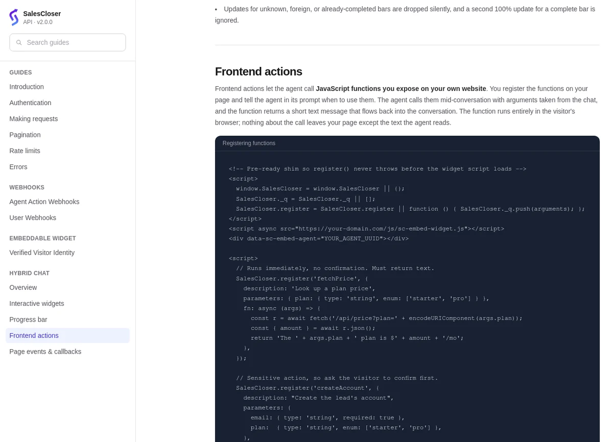 The Frontend actions guide in the SalesCloser developer docs, with code that registers a fetchPrice function and a createAccount function