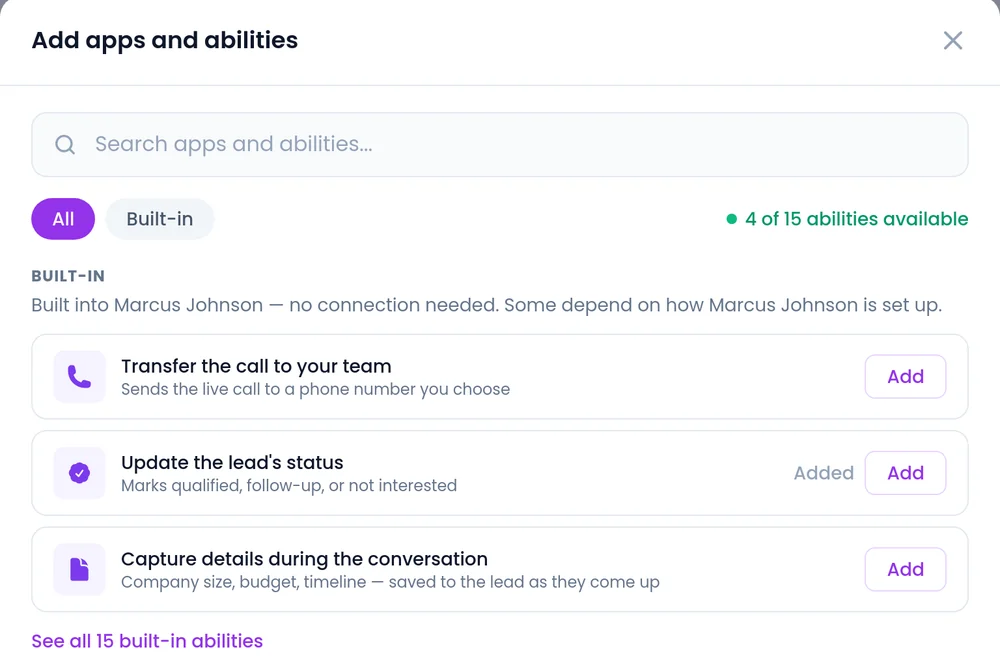 Add apps and abilities in SalesCloser with the built-in ability Transfer the call to your team