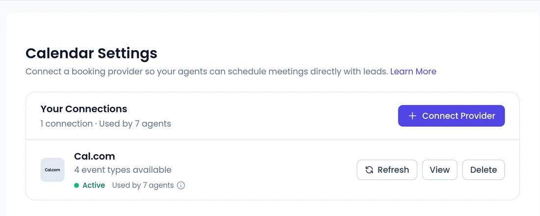 Calendar Settings in SalesCloser with a connected Cal.com account, 4 event types available and used by 7 agents