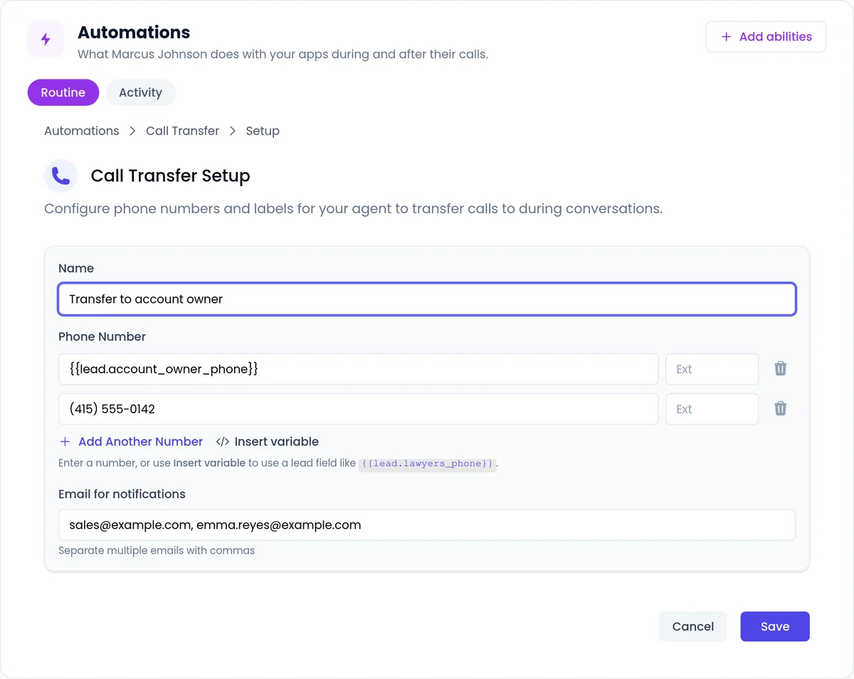 Call Transfer Setup in SalesCloser: a transfer named Transfer to account owner, a lead-field number, a backup number and notification emails