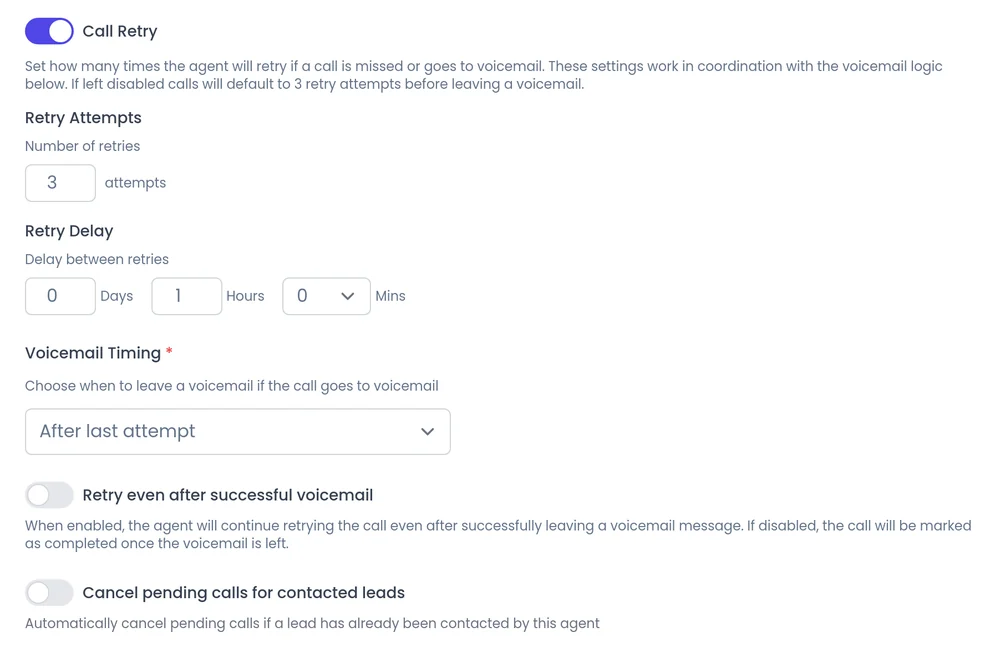 Campaign Call Setup in SalesCloser: Call Retry with Retry Attempts and Retry Delay, Voicemail Timing and Retry even after successful voicemail