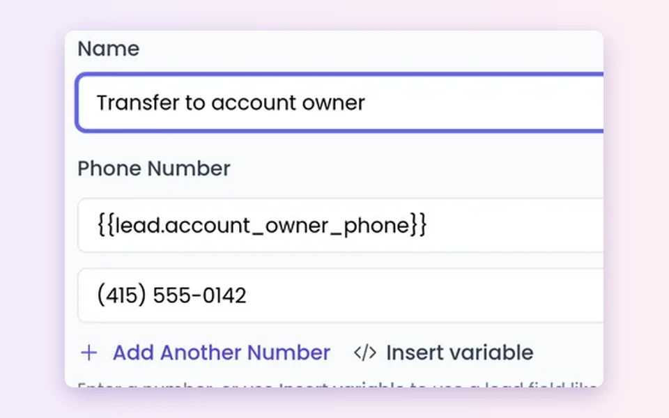 Name and Phone Number fields with Add Another Number and Insert variable