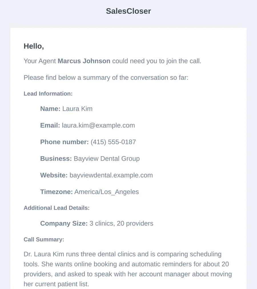 A Transfer Call Request email from SalesCloser with lead information, a call summary and next steps (demo data)
