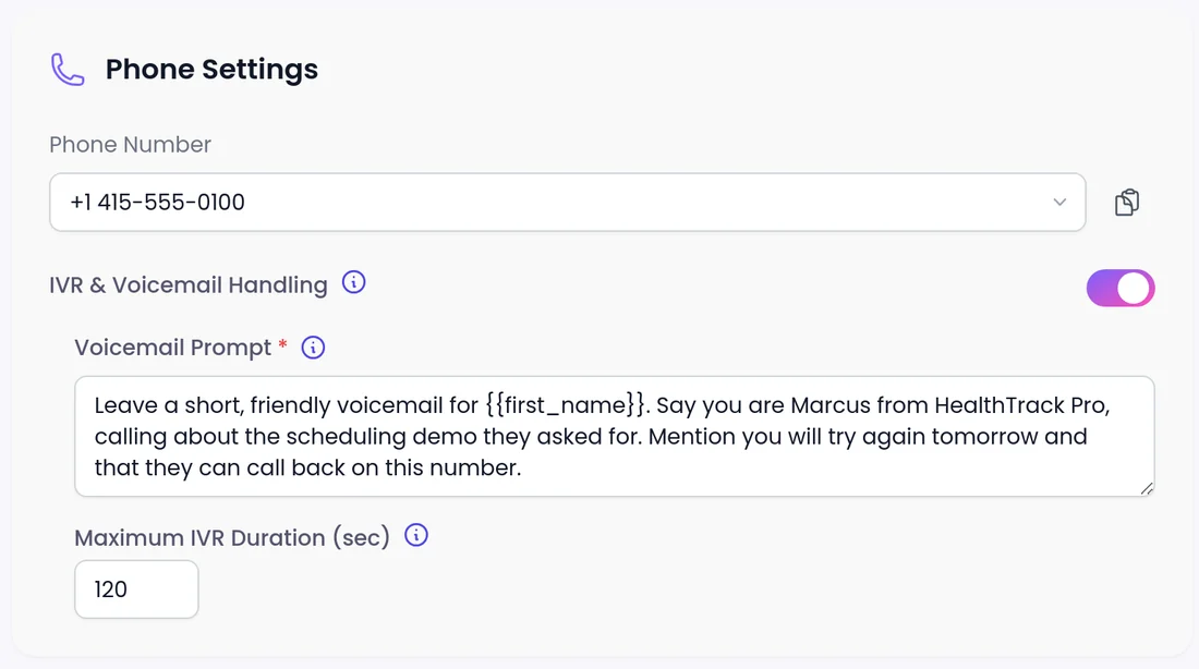 Phone Settings in SalesCloser with IVR & Voicemail Handling on, a Voicemail Prompt and Maximum IVR Duration of 120 seconds