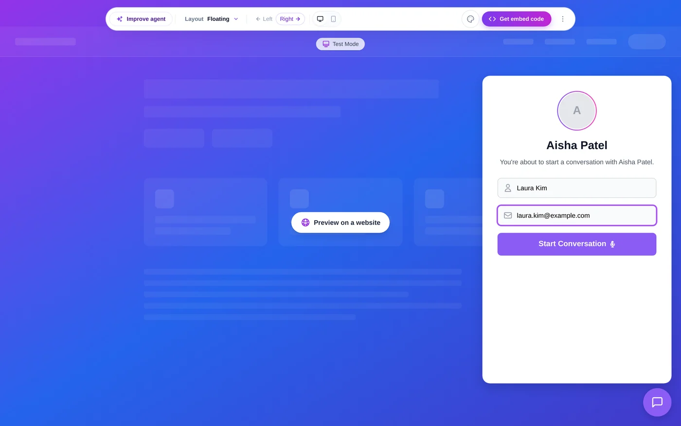 The SalesCloser chat widget open on the Test Widget page, with Layout, Get embed code and the pre-call form