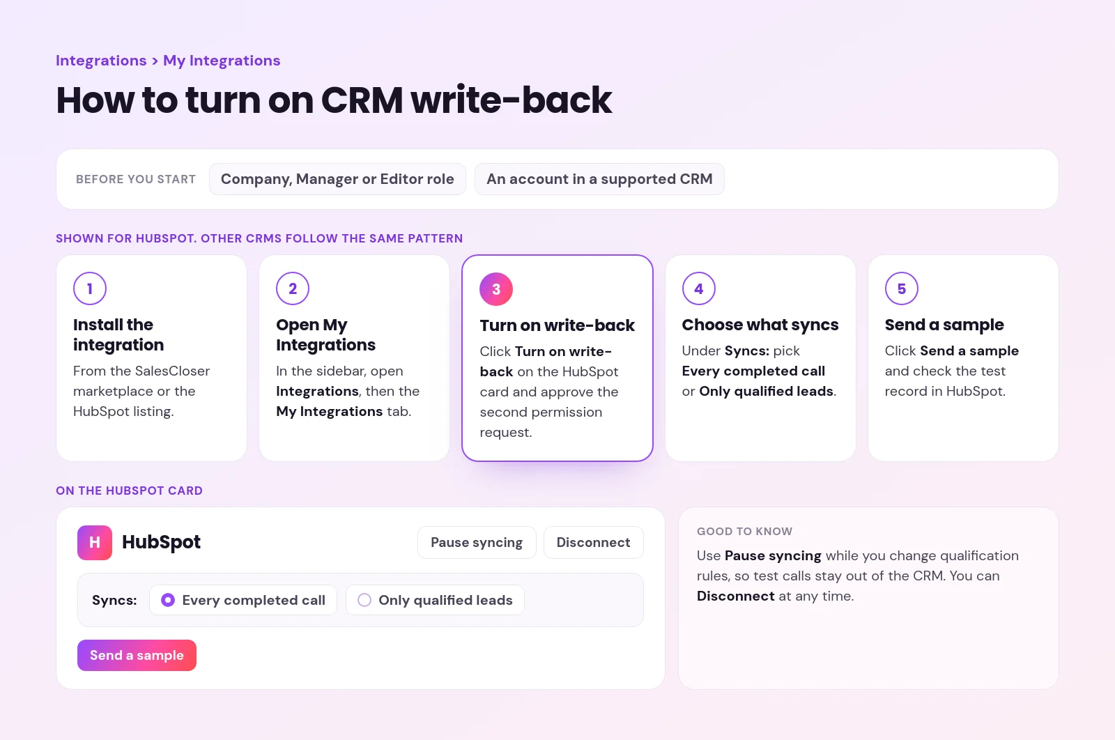 ai call follow up automation - AI Call Follow-Up Automation: What Happens After Your AI Sales Agent Hangs Up Five setup steps for CRM write-back in SalesCloser, from My Integrations to Turn on write-back, Syncs and Send a sample
