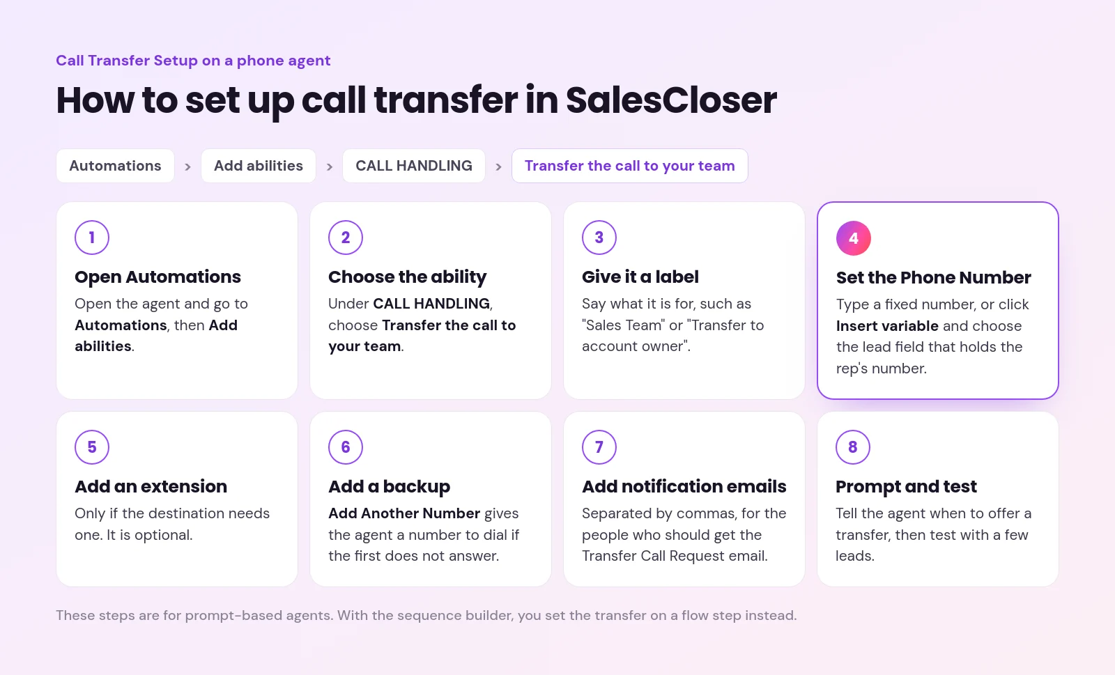 ai call transfer - AI Call Transfer: How Your AI Phone Agent Hands Calls to the Right Rep Eight numbered Call Transfer Setup steps, from Automations and Add abilities to Phone Number with Insert variable, a backup number and notification emails