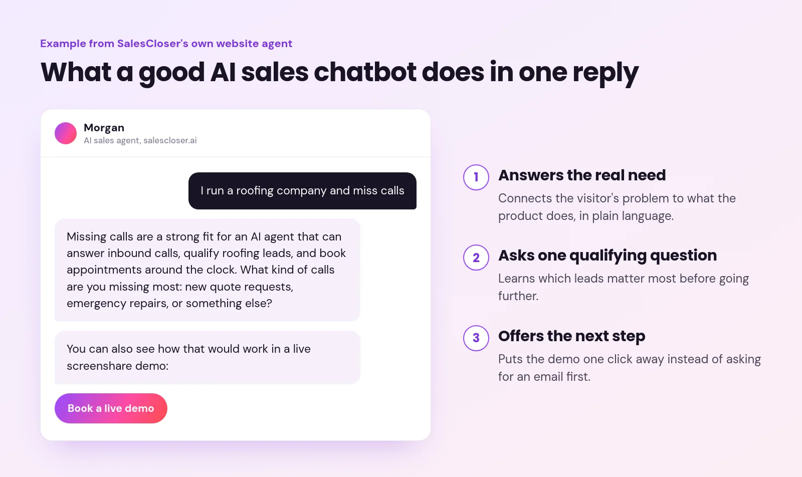 ai sales chatbot - Best AI Sales Chatbots in 2026: 9 Tools Compared by Sales Job Example AI sales chatbot reply from SalesCloser's website agent: it answers the need, asks one qualifying question and offers a live demo