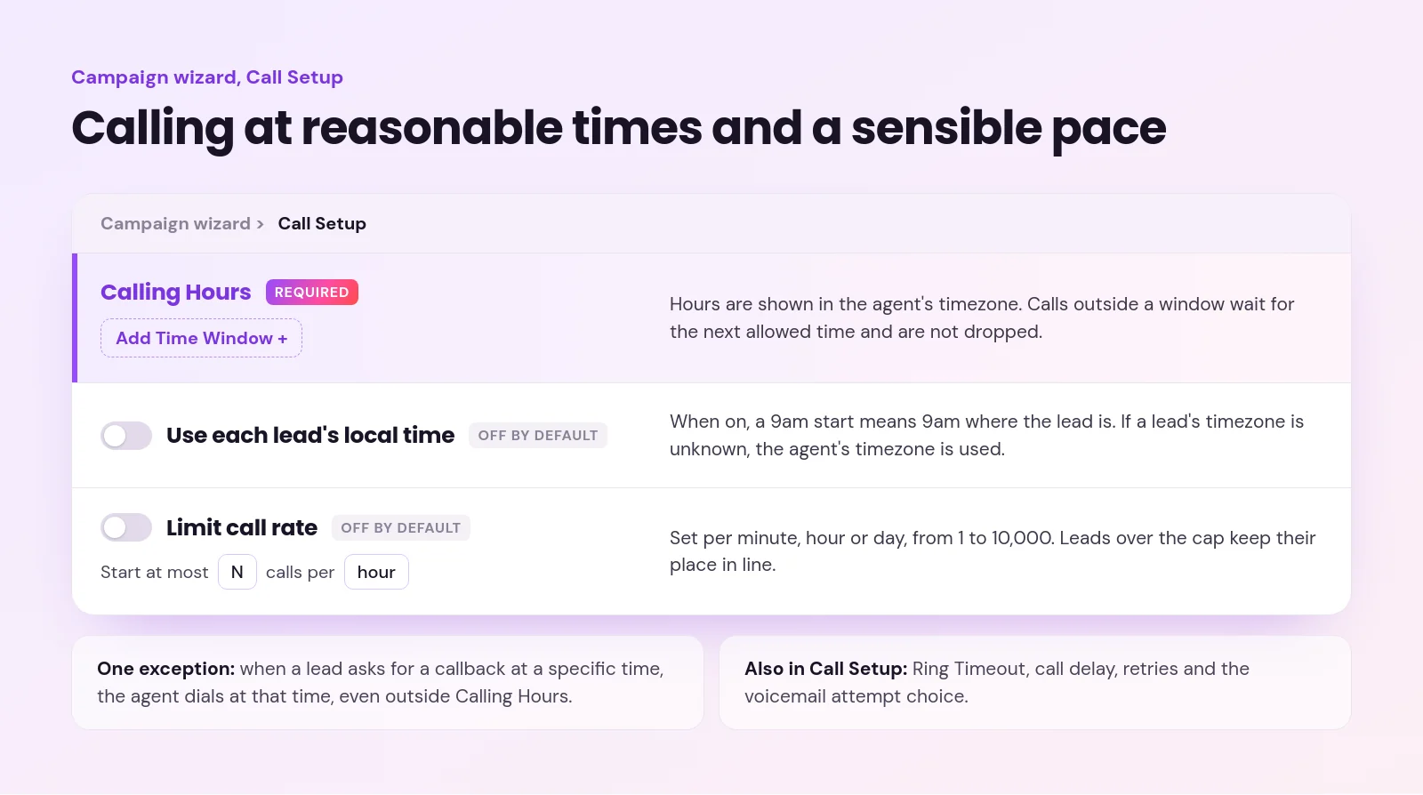 ai voicemail detection - AI Voicemail Detection: How AI Outbound Calls Handle Voicemail, Phone Menus and Calling Hours Call Setup panel with required Calling Hours, Use each lead's local time and Limit call rate off by default, plus the callback exception