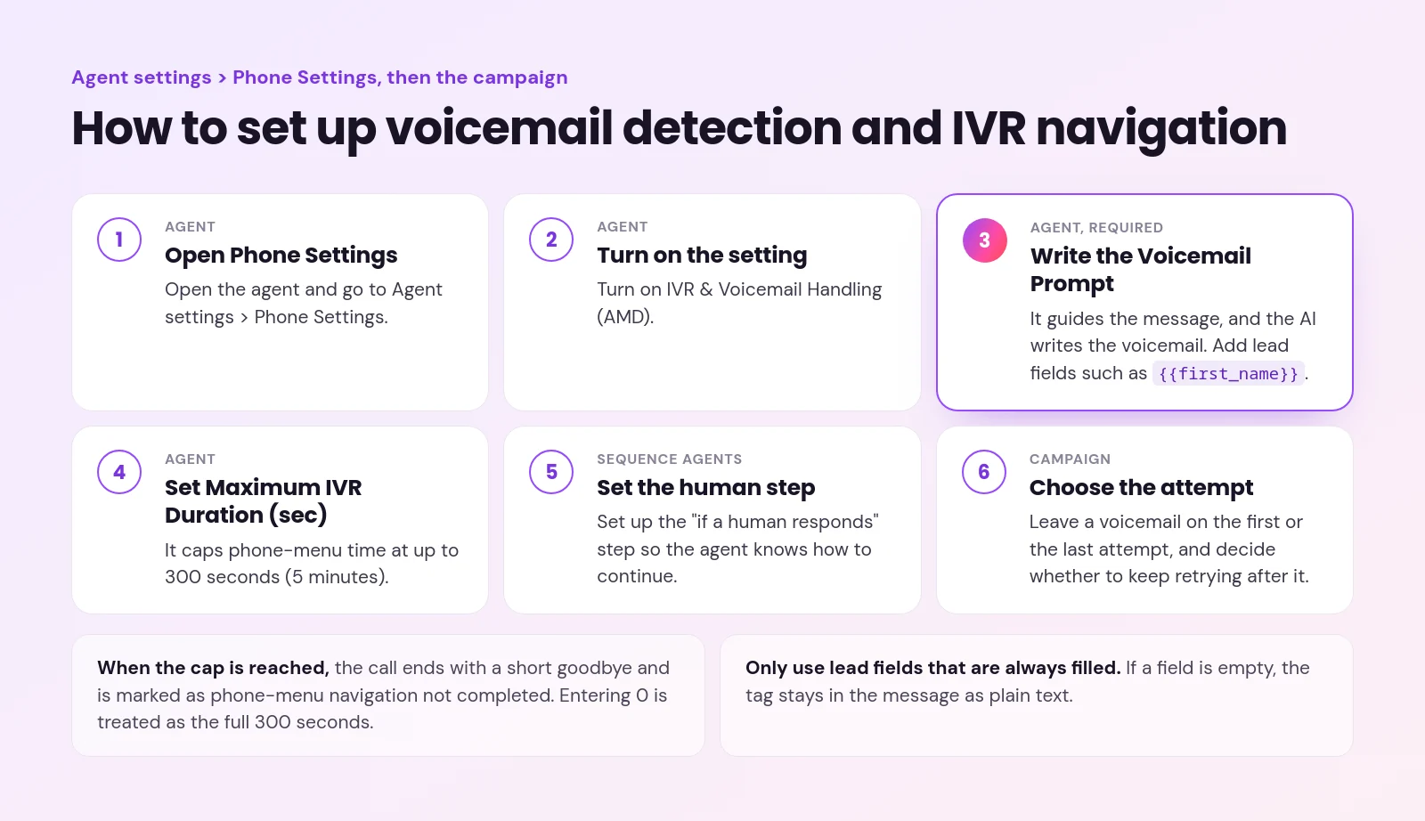 ai voicemail detection - AI Voicemail Detection: How AI Outbound Calls Handle Voicemail, Phone Menus and Calling Hours Six setup steps for IVR & Voicemail Handling (AMD), from Agent settings > Phone Settings to the campaign, with the Voicemail Prompt step highlighted