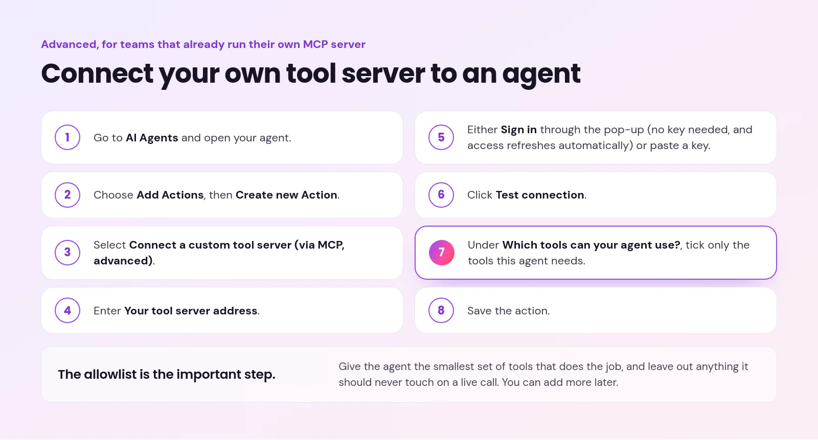 connect ai sales agent to apps - How to Connect Your AI Sales Agent to Your Apps and Tools Eight steps to connect your own MCP tool server to a SalesCloser agent, highlighting the tool allowlist step